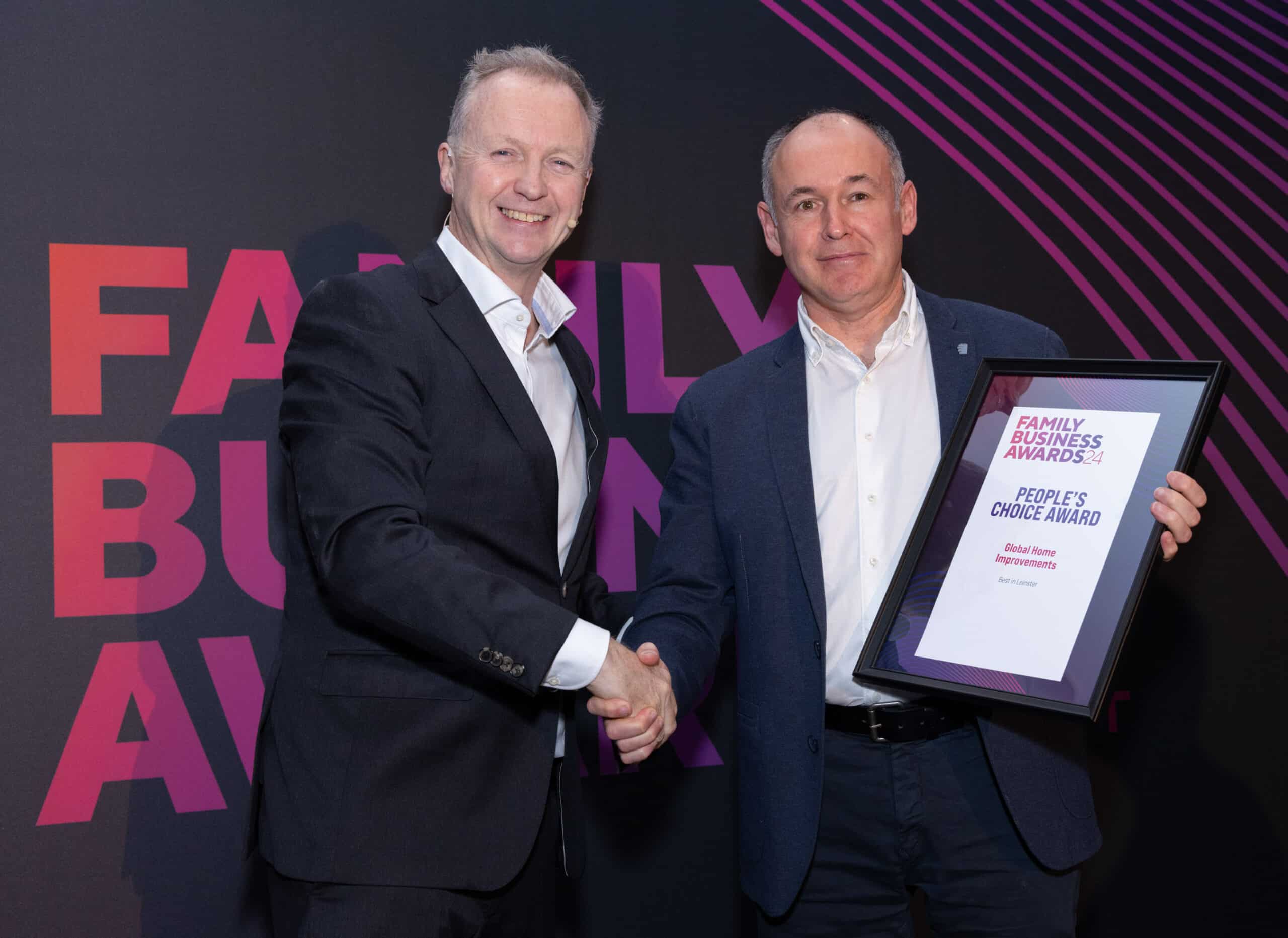 Matt Cooper presents Barry Shevlin with the People's Choice Award for Global Home Improvements at Family Business Awards 2024